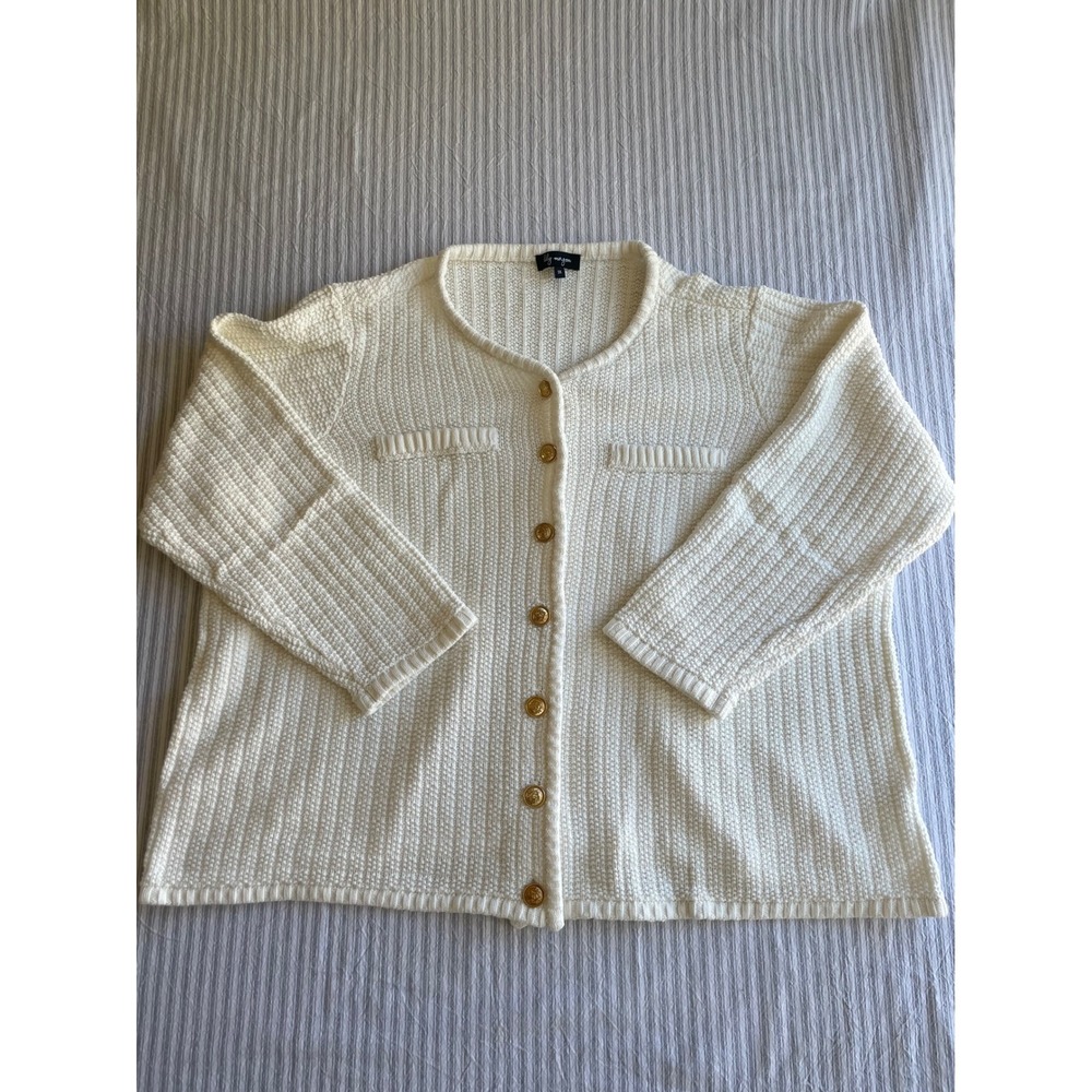 Lily Morgan Cream White Basketweave Knit Cardigan Gold Crest Buttons 3X‎ Cozy